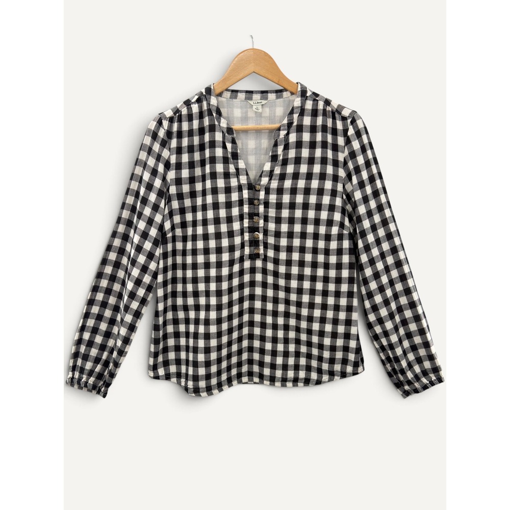 L.L.Bean Gingham Blouse M Black White 100% Cotton Popover Long Sleeve Farmhouse